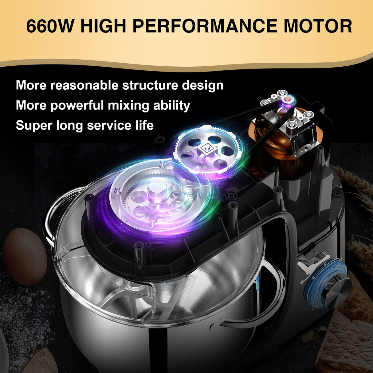 KUCCU Stand Mixer, 9.5 Qt 660W, 6-Speed Tilt-Head Food Dough Mixer, Electric Kitchen Mixer with Dough Hook, Flat Beater & Wire Whisk, Mixing Bowl (9.5-QT, Black) KUCCU