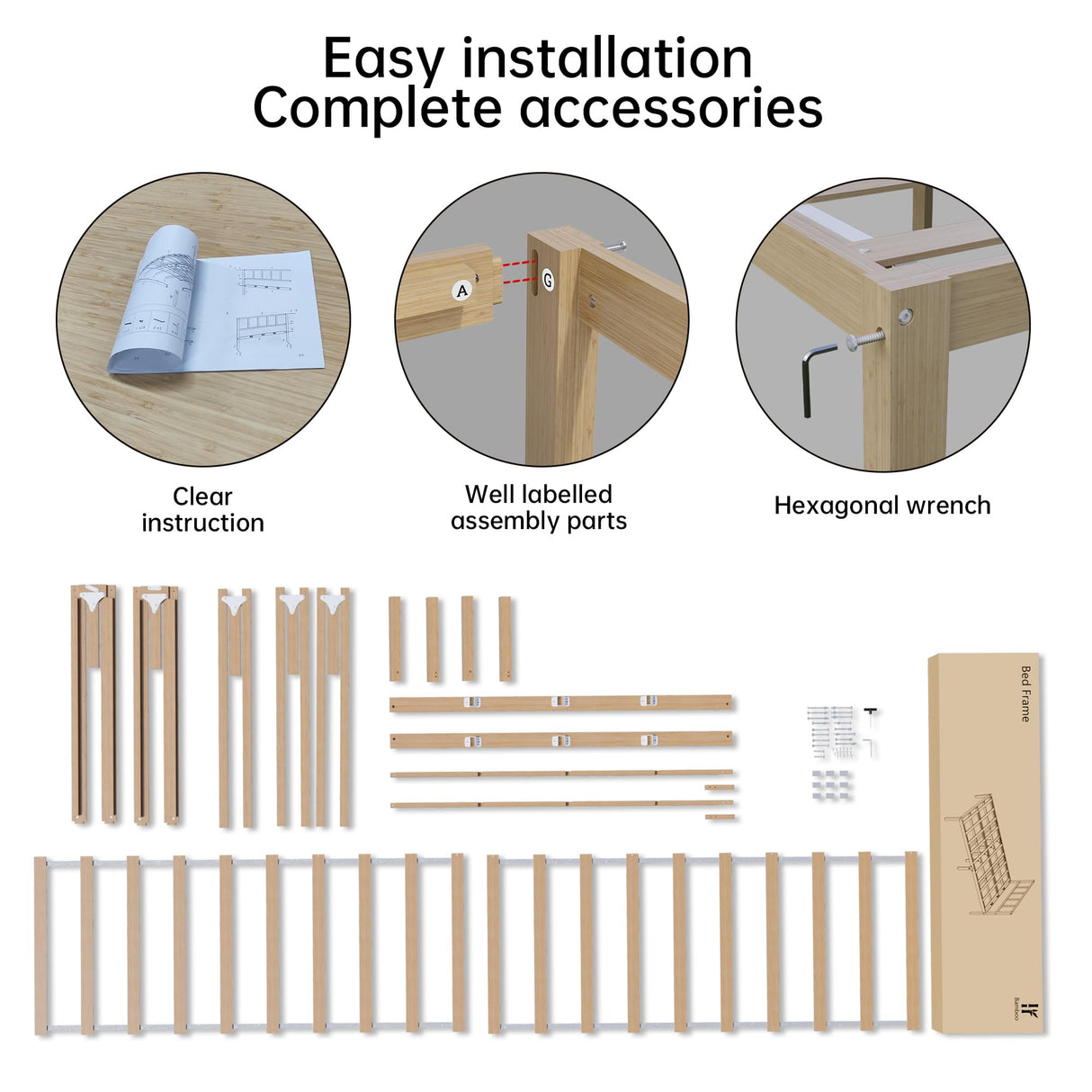 14 Inch Bamboo Bed Frame – Queen Size Solid Wood Platform Bed Frame, Strong and Stable, with Non-Slip Slats for Support, No Box Spring Needed, Easy to Assemble, Noise-Free (Natural, Queen) BambooSync