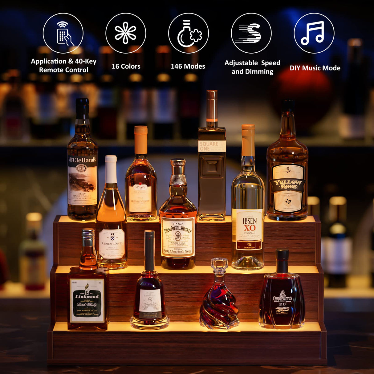 Cubehom LED Lighted Liquor Bottle Display Shelf, 24 Inch Bar Display Shelf with App & Remote Control 3 Tier for Home Bar, Party, Walnut Cubehom