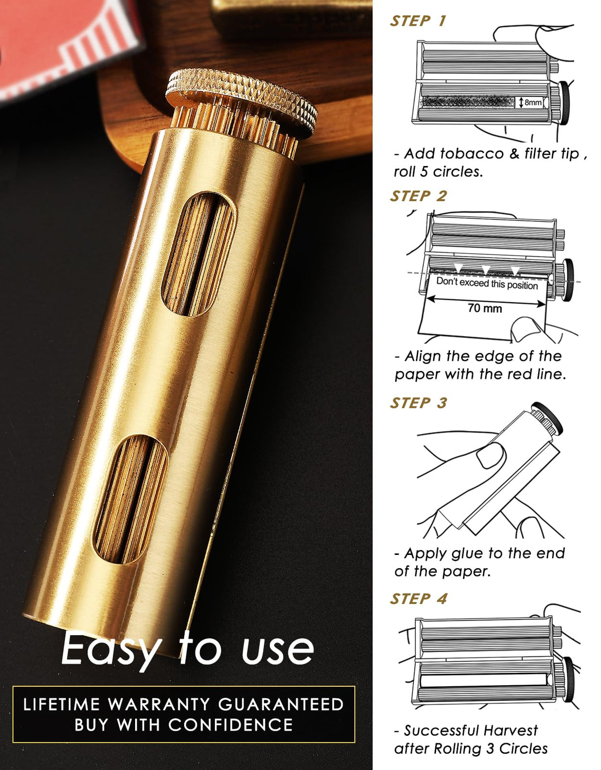 Vintage Cigarette Roller, Brass Cigarette Rolling Machine, Pure Copper Joint Roller Machine, Solid Brass Roller, Use with 70 mm Papers, Elegant and Luxurious Tobacco Roller for Men and Women ZHAOGOO