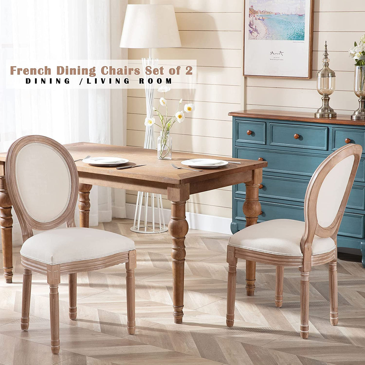 Nrizc French Dining Chairs Set of 6, French Country, Vintage Farmhouse Dining Chairs with Round Back, Solid Wood Beige Fabric Dining Room Chairs, for Kitchen, Bedroom Nrizc