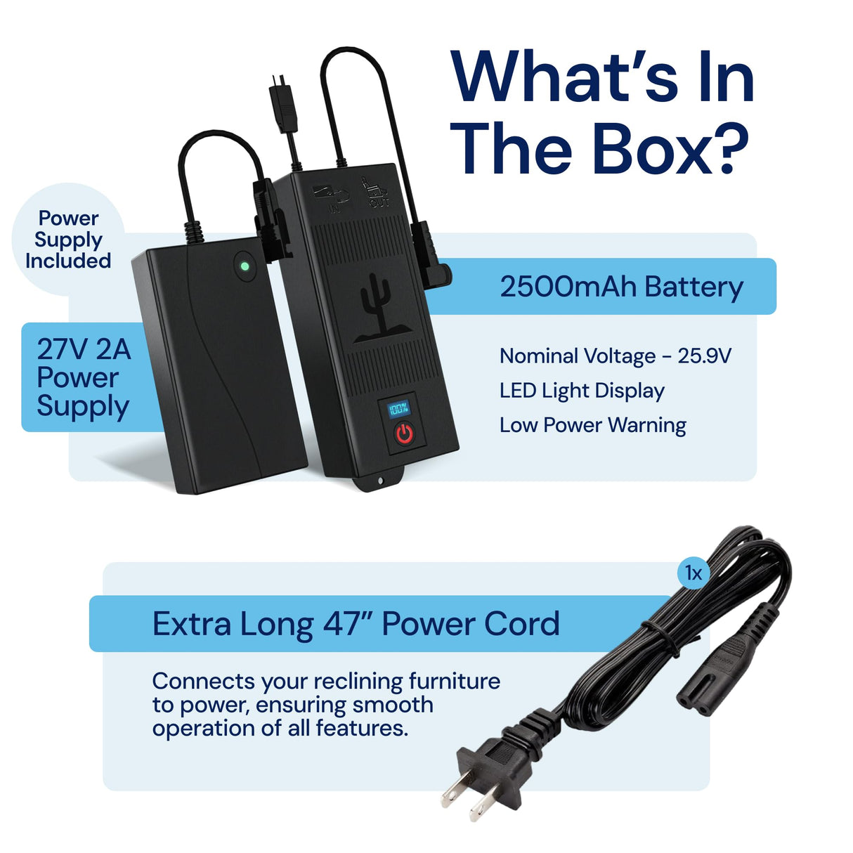 The Blue Cactus Universal Battery Pack for Reclining Furniture with LCD Display- Wireless 2500mAh Rechargeable Battery for Electric Recliner, Power Sofa, Couch, Lift Chair- Fits 2-Pin Motion Furniture The Blue Cactus Company