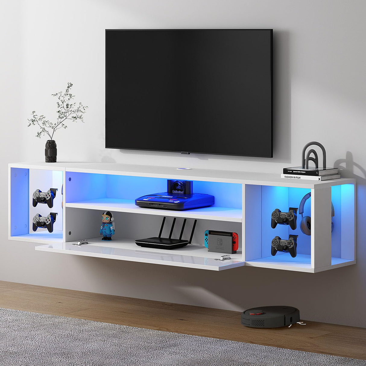 SogesPower Floating TV Stand with Lights,Floating Entertainment Center Wall Mounted LED TV Stand with Storage for Living Room Bedroom,Modern White Floating TV Shelf, 55inch SogesPower