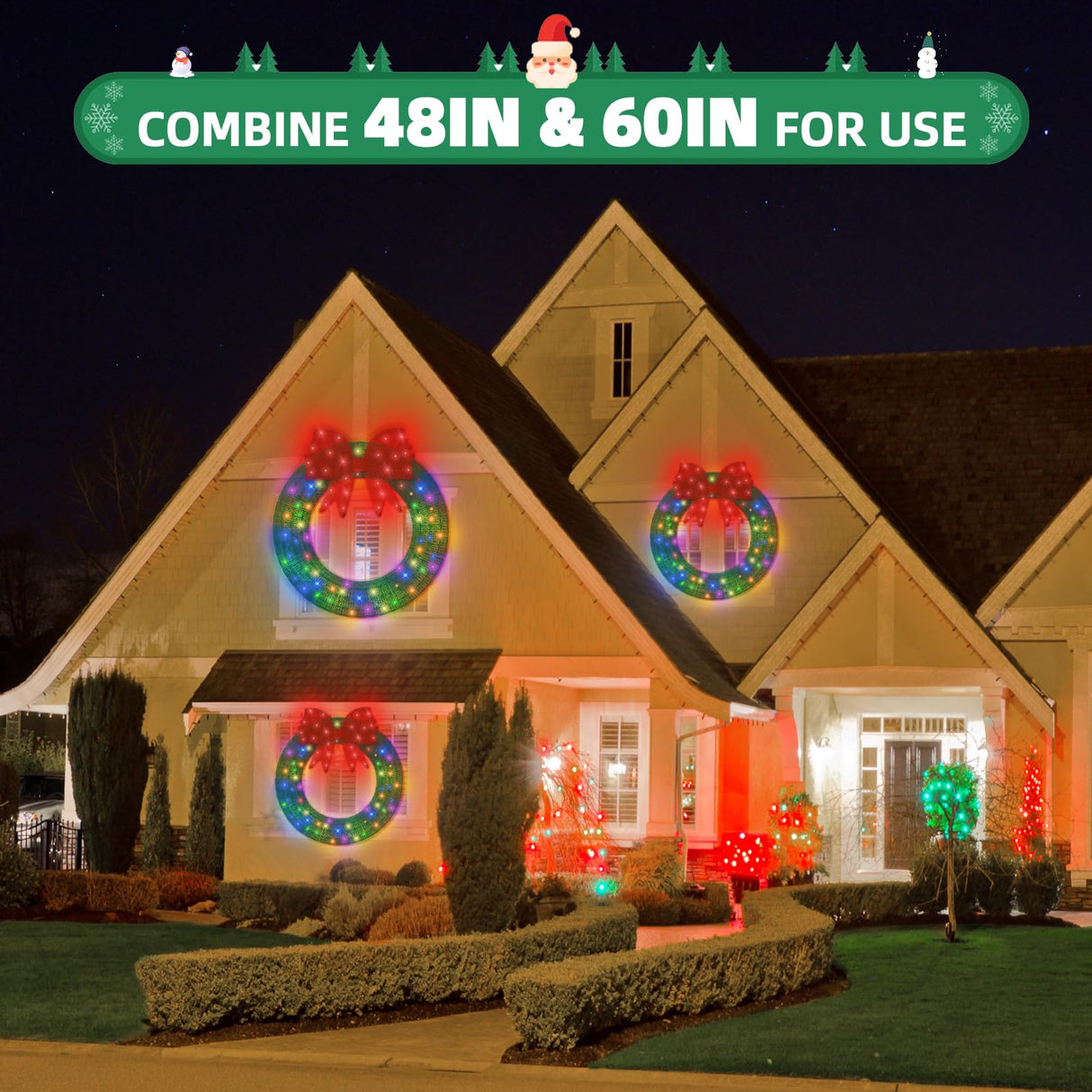 Poolergetic Outdoor 60 in Pre-lit Christmas Wreath, Large Green LED Christmas Wreath Decoration with Bow, Holiday Light Decor for Christmas for Yard, Garage, Door and Window Poolergetic