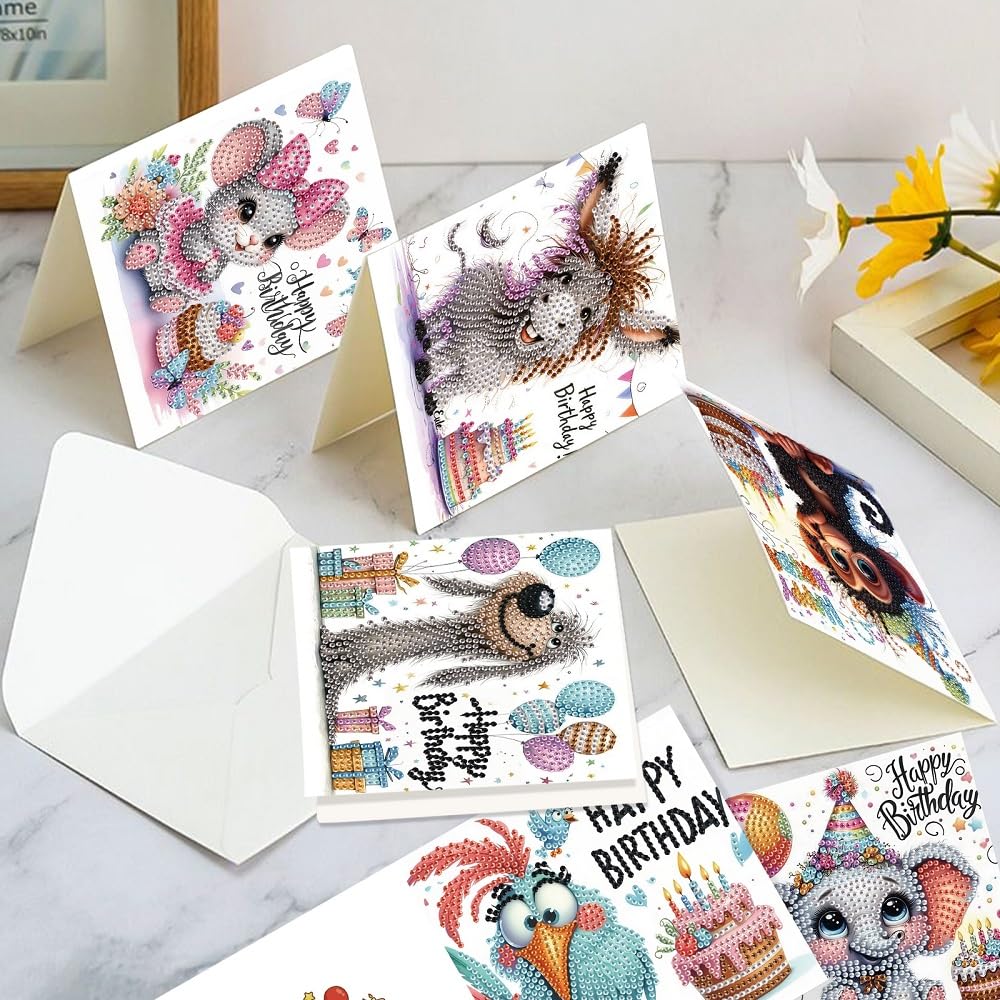 6-Pack Pets Birthday Diamond Painting Greeting Card Kits, Special Shaped Diamonds Painting, DIY Handcraft for Relatives and Friends with Wishes,Unique Design Crafting for Birthday Cards Focart