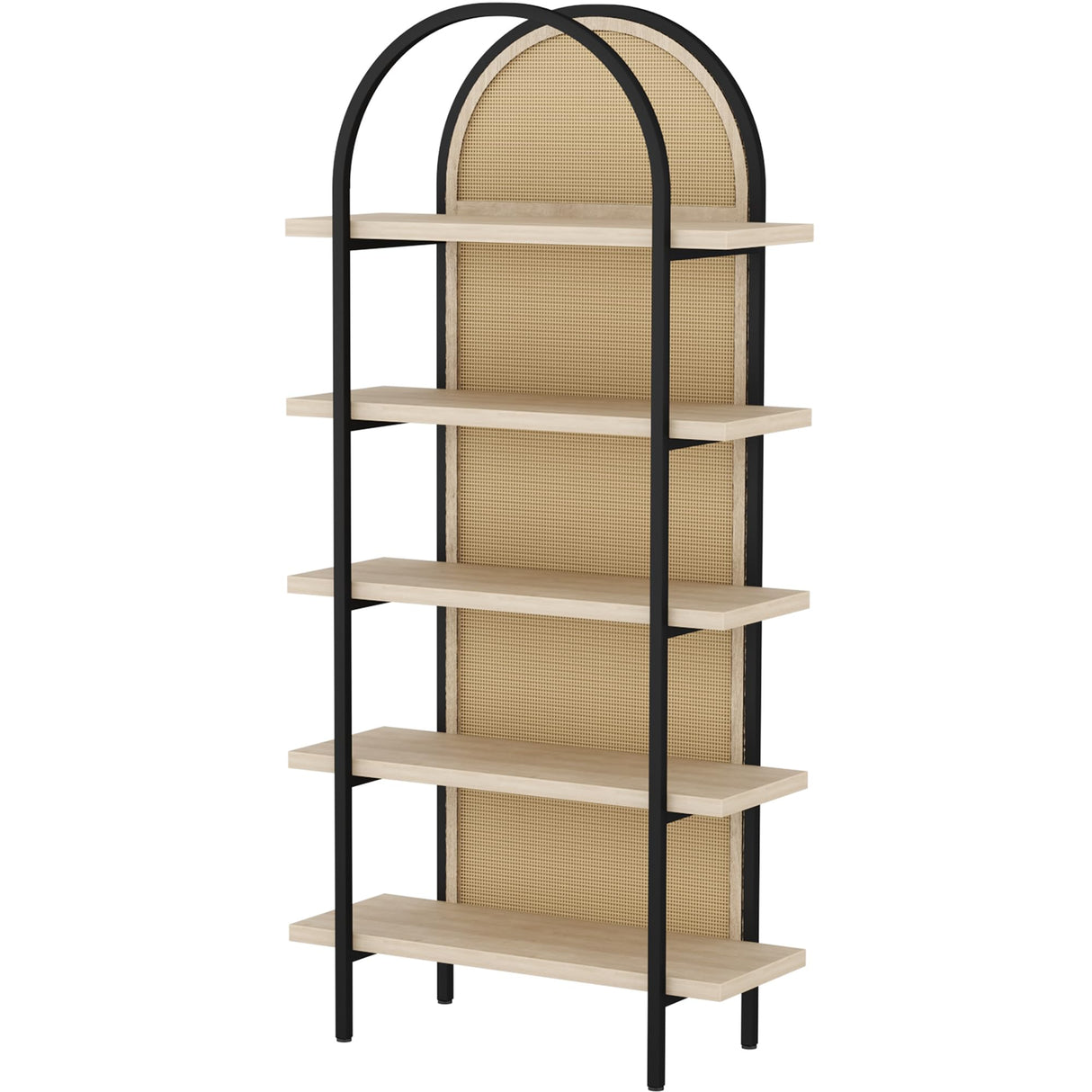 Yusong Bookshelf Rattan 5 Tier Arched Bookcase, 74" Tall Industrial Open Book Shelves for Living Room, Modern Freestanding Display Shelving Boho Storage Rack with Metal Frame for Office, Brown Yusong
