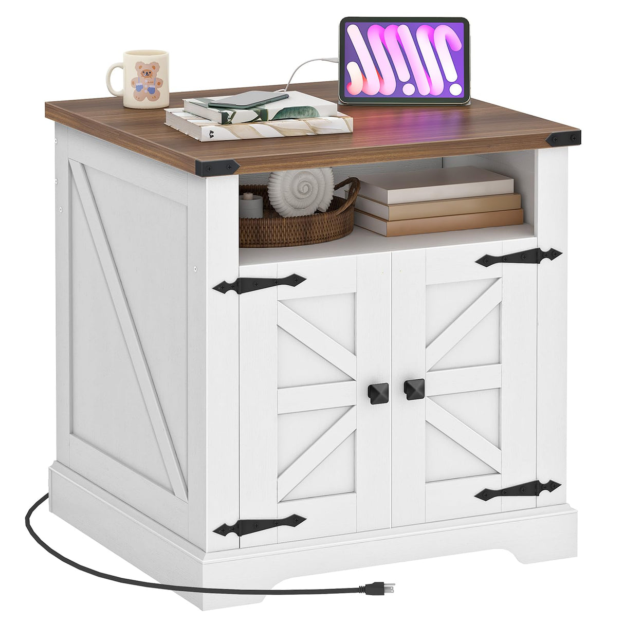 HOOBRO Farmhouse End Table with Charging Station, 23.6" Large End Tables for Living Room, Sofa Side Table with Barn Door, Wooden Square Nightstand Bedside Table, Flip Top, White and Walnut WH601UBZ01 HOOBRO