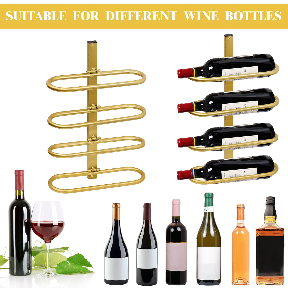 KHayRovies Wine Rack Wall Mounted for 8 Wine Bottles, Metal Wall Hanging Wine Holder Storage, Wine Organizer Shelf for Kitchen Dining Room Bar (Golden) KHayRovies