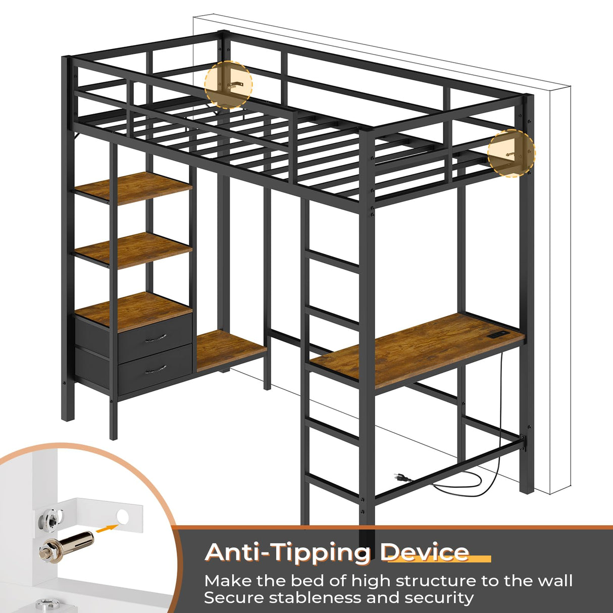 DICTAC Loft Bed Twin Size with Desk and Charging Station Metal Loft Bed with Led Lights,Storage Shelves and Drawers Twin Bed Frame with Clothes Rail,Safety Guard & Ladder,No Box Spring Needed,Black DICTAC