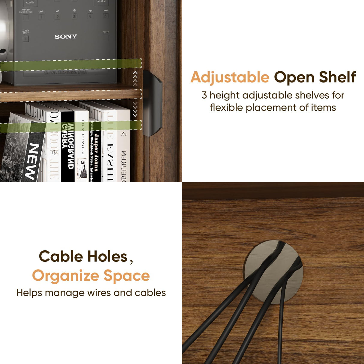 Smart FENDEE 53“ Walnut Fluted TV Stand with 2 Cabinets, Modern TV Consoles with Adjustable Shelf, Entertainment Center Fits 30" to 60" TV for Living Room, Bedroom Smart FENDEE