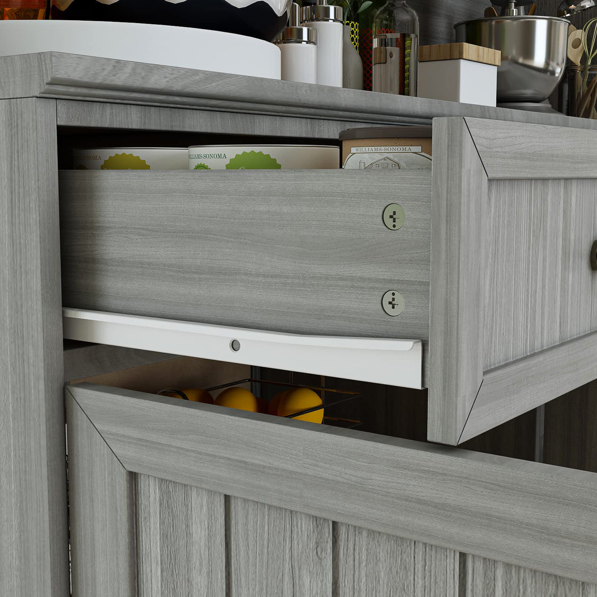 AIEGLE Large Kitchen Hutch Cabinet, Storage Cupboard Pantry with Glass Doors, Drawers & Countertop, Floor Kitchen Pantry Storage Cabinet Utility Buffet, Wooden Grey (61.2" L x 18.1" W x 75.9" H) AIEGLE