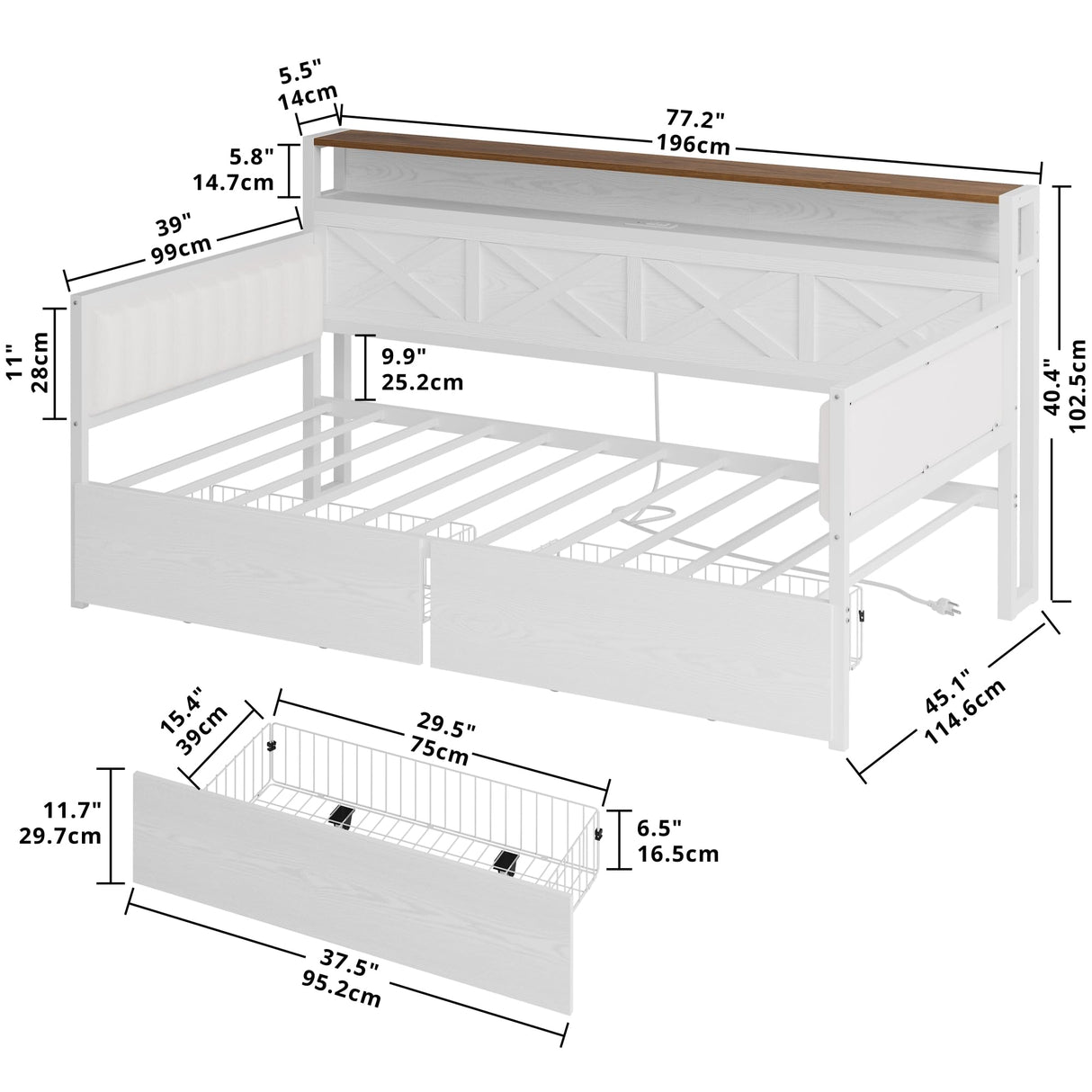 IRONCK Twin Size Daybed with Storage Drawers, Sturdy Metal Bed Frame with X-Shaped Headboard and Charging Station, Upholstered Farmhouse Daybed for Living Room, Bedroom, and Guest Room, White/Walnut IRONCK