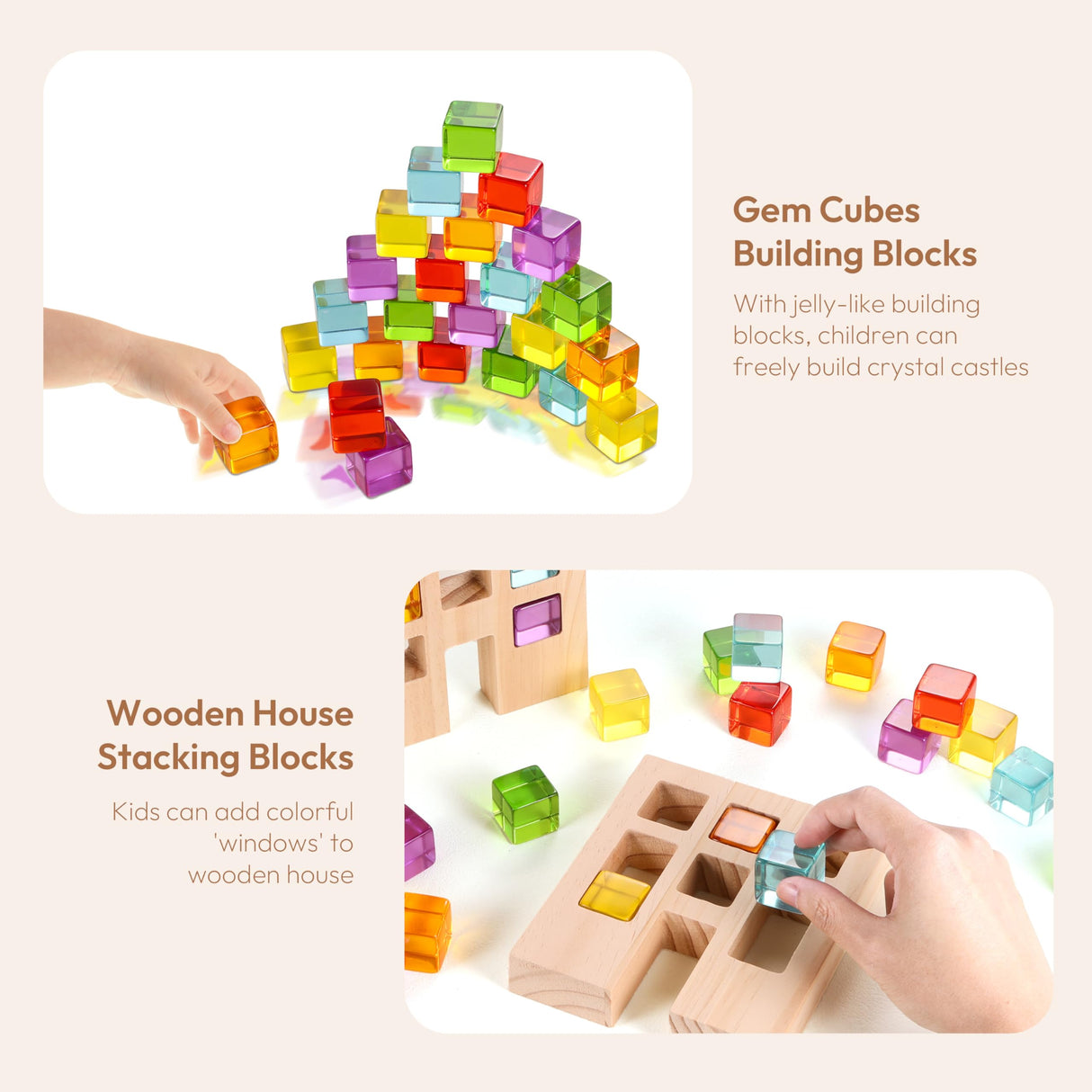 Woodtoe Wooden Building Blocks Set for Kids, 24 PCS Rainbow Gem Cubes Stacking Blocks - 2 Wood House, Montessori Stacking Toy for Toddlers, Educational STEM Birthday Toy for Boys Girls 3-6 Woodtoe