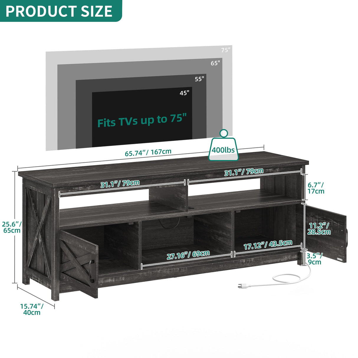 YITAHOME Farmhouse TV Stand for 65/55 Inch Television, LED Entertainment Center Television Stand with Power Outlets and Open Shelf, Media Console TV Cabinet for Living Room, Dark Grey YITAHOME