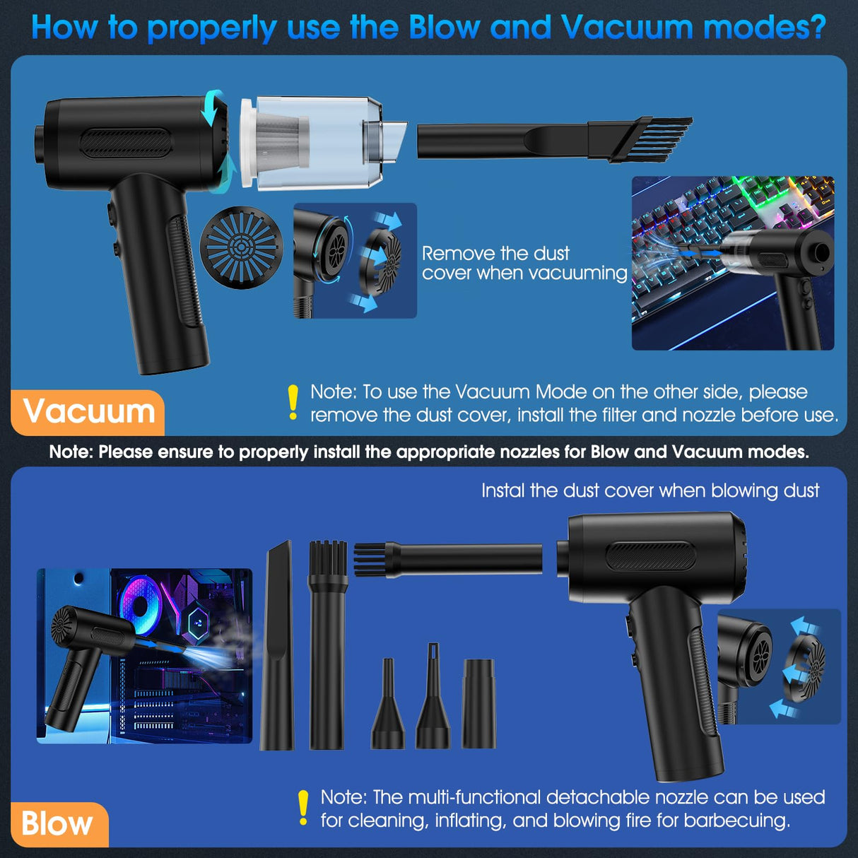 KOPIDOE Compressed Air Duster, 100000RPM Handheld Car Vacuum/Air Blower& Pump, 3 Gear Adjustable Electric Air Duster/Car Vacuum Cleaner, Keyboard KOPIDOE