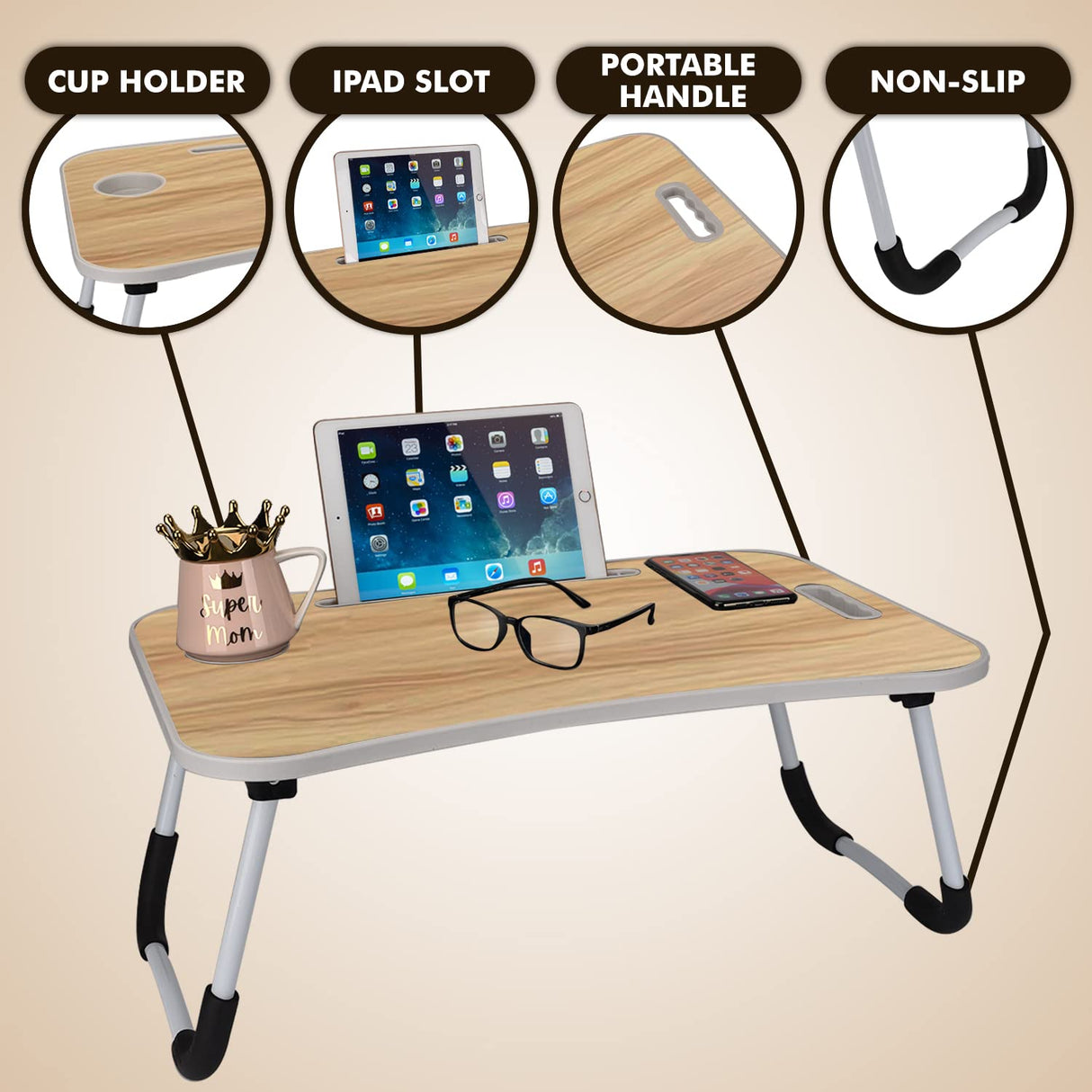 MAVOCRAFT Folding Lap Desk for Bed and Sofa - Portable Wide Surface Bed Desk with Built-in Cup Holder and Tablet or Phone Slot for Working, Studying, Eating, and Watching Movies (Wood) Mavo Craft