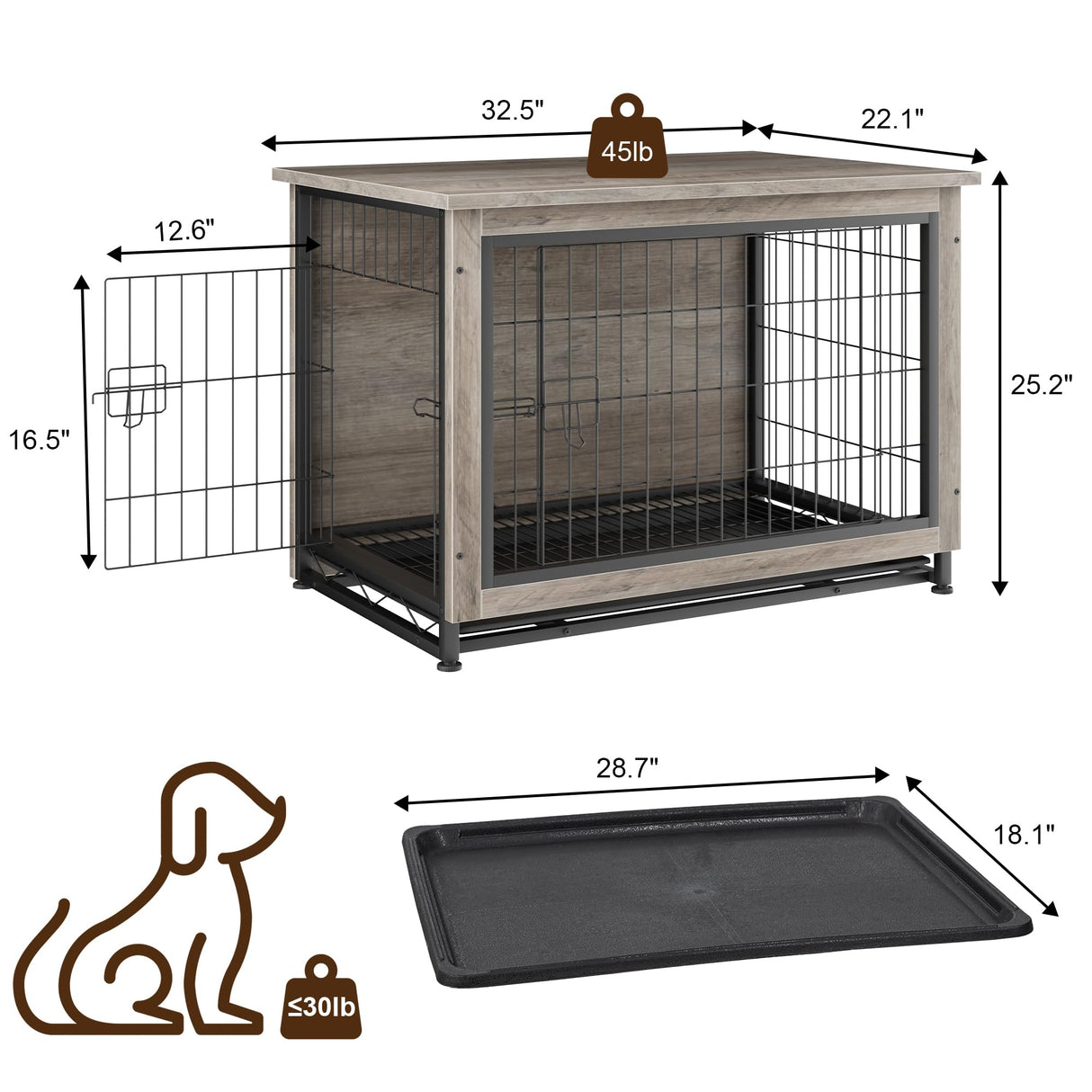 JY QAQA Dog Crate Furniture, Wooden Dog Crate Table, Double-Doors Dog Furniture, Indoor Dog Kennel, Dog House, Dog Cage/Grey/M JY QAQA PET