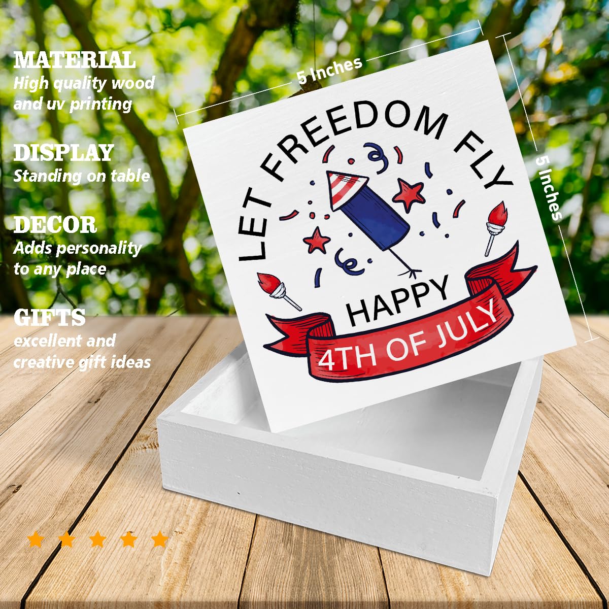 Patriotic Sign Independence Day Decoration Happy 4th of July Decor Wooden Box Sign Desk Decoration Square Wood Sign Wood Block Plaque Box Sign for Shelf Home 5 x 5 Inches YXSEZ