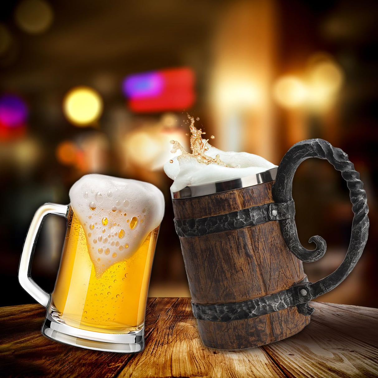 Kndatle Handmade Wooden Barrel Beer Mug, Bucket Shaped Drinkware with Handle, Stainless Steel Double Wall Cocktail Mug for Bar Restaurant, Vintage Bar Accessories (18 oz) VORAGA