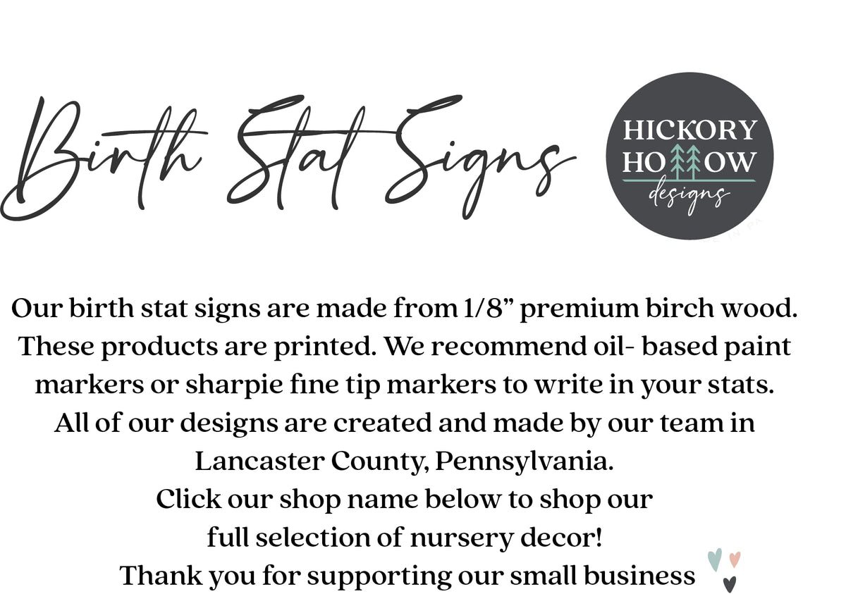 Birth Stat Sign Personalized for Newborn Baby, Scarlett James Design, Crib & Nursery Decor, Photography Prop, Baby Shower Gifts, Gender Reveal, Hickory Hollow Designs