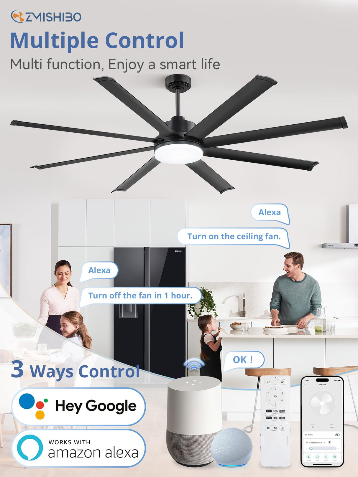 ZMISHIBO 72 Inch Smart Ceiling Fan with Light, Large Industrial Ceiling Fan with Modern 8 Aluminum Blades, 3000-6000K Dimmable, 6 Speeds, Black Fan Light with Remote/Alexa/App for Patio Living Room ZMISHIBO