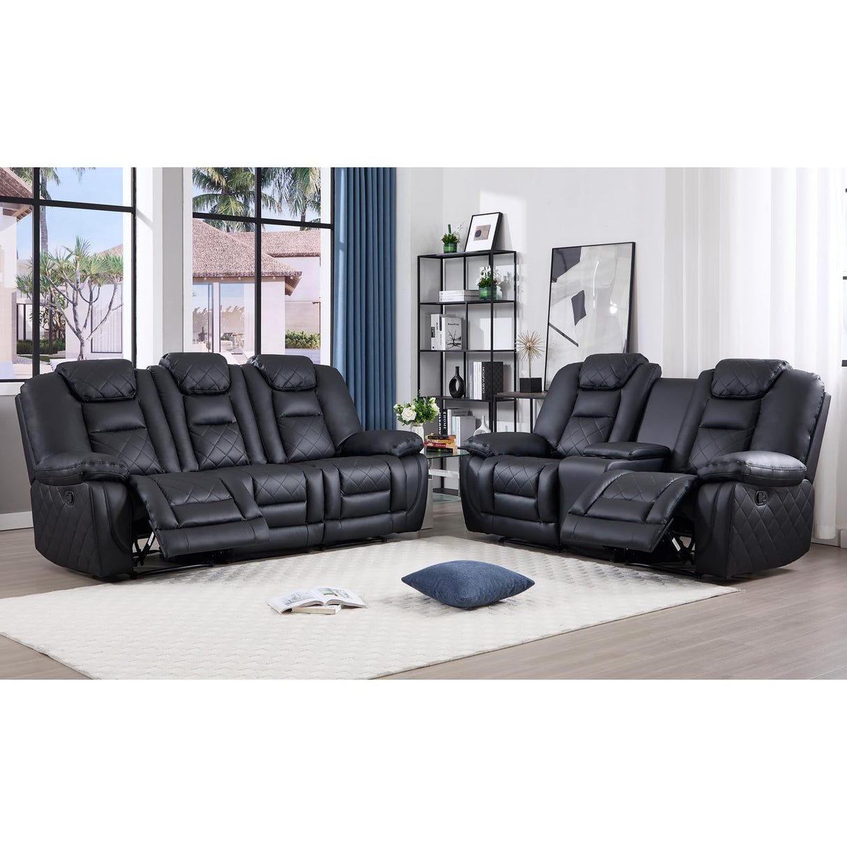 EBELLO Manual Recliner Sofa Set, Faux Leather Reclining Living Room Furniture Set, Included Single Chair and 3 Seat Manual Recliner Sofa, Black(Loveseat+Sofa) EBELLO