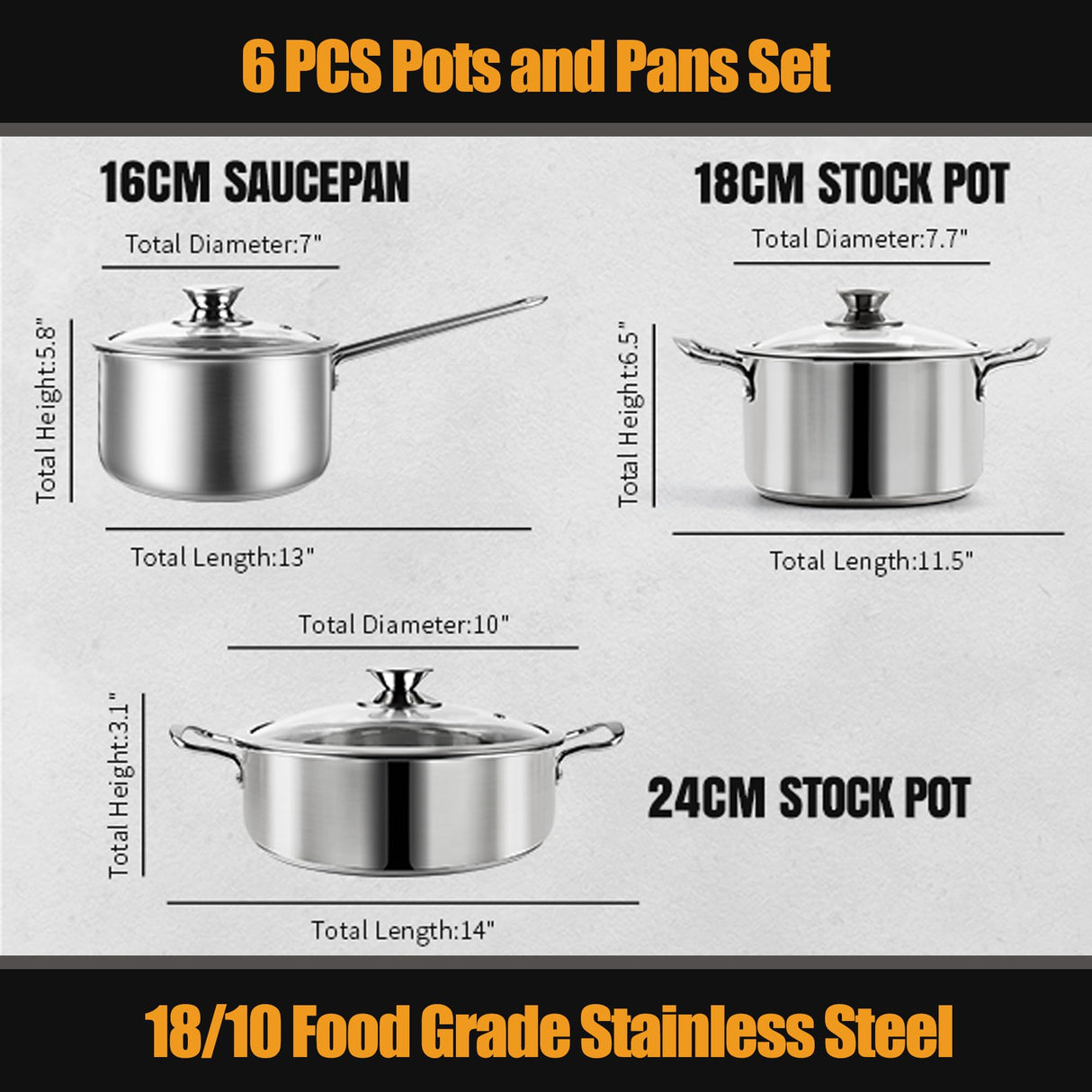 Aufranc Stainless Steel pots and pans set, 6 Piece Nonstick Kitchen Induction Cookware Set,Works with Induction/Electric and Gas Cooktops, Nonstick, Dishwasher Aufranc