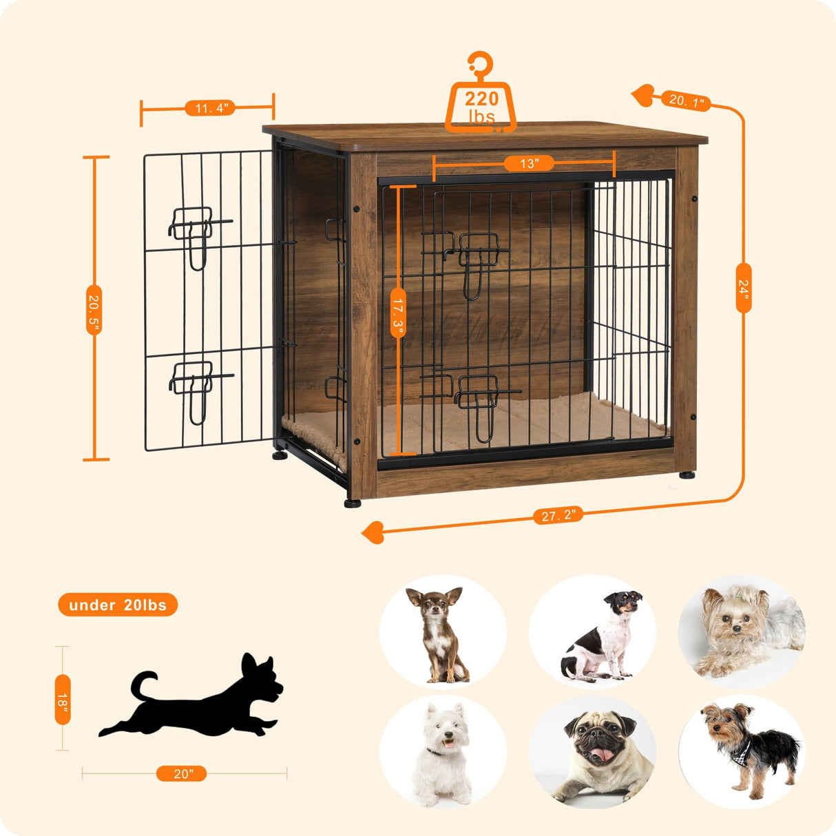 DWANTON Dog Crate Furniture with Cushion, Wooden Dog Crate with Double Doors, Dog Furniture, Dog Kennel Indoor for Small/Medium/Large Dog,End Table, Small, 27.2" L, Warm Brown Dwanton