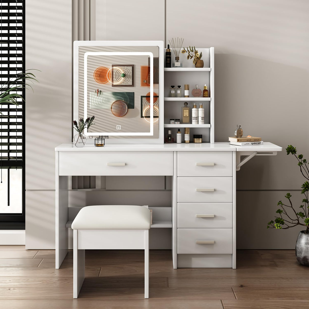 Leavader White Vanity Desk Set - 43.3" Large Vanity Table with Sliding Lighted Mirror in 3 Colors & 5 Drawers & Retractable Rack, Dressing Table Makeup Desk with Stool Set Leavader