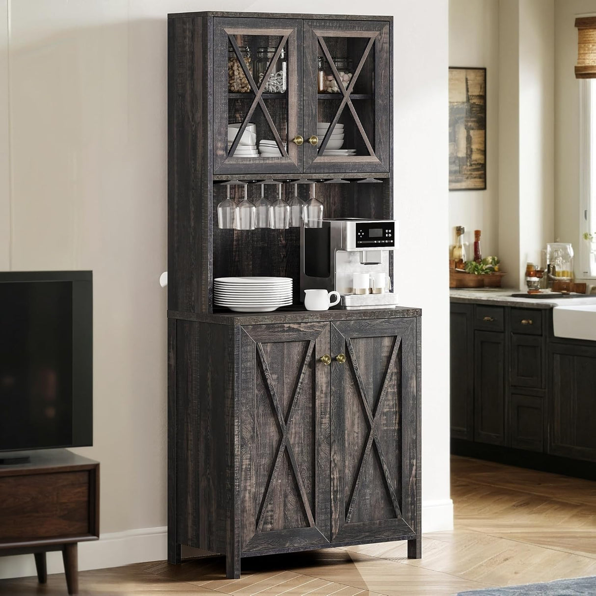 YITAHOME 67" Tall Wine Bar Cabinet for Liquor and Glasses, Farmhouse Freestanding Coffee Bar Cabinet with Glasses Racks & Storage Shelves W/Glass Doors for Living Dining Room, Hallway, Dark Rustic Oak YITAHOME