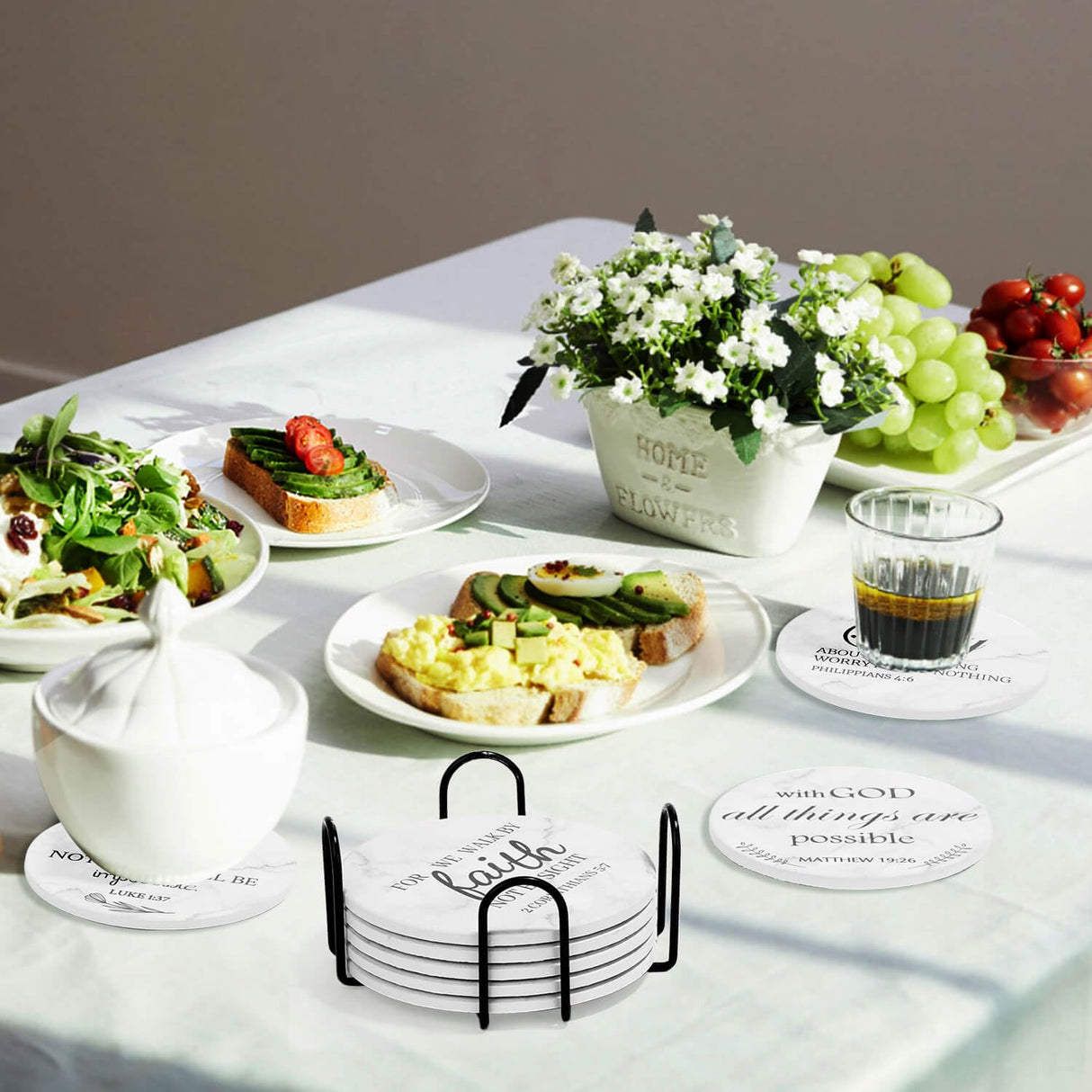 Billbotk Ceramic Coasters with Bible Verses, Coasters Set of 8 with Holder, Absorbent Drink Coasters for Home Decor and Christian Gifts, 4 Inches Billbotk