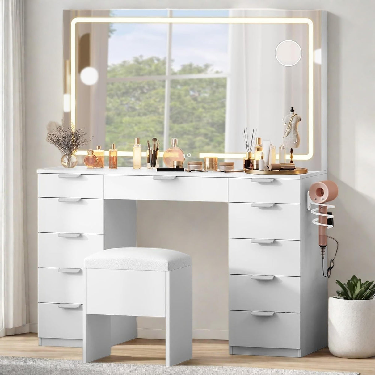 YITAHOME 46'' Vanity Desk with Large LED Lighted Mirror & Charging Ports, 11-Drawer Makeup Table Set with Storage Stool for Dressing Room, 3 Lighting Modes Brightness Adjustable, White Finish YITAHOME