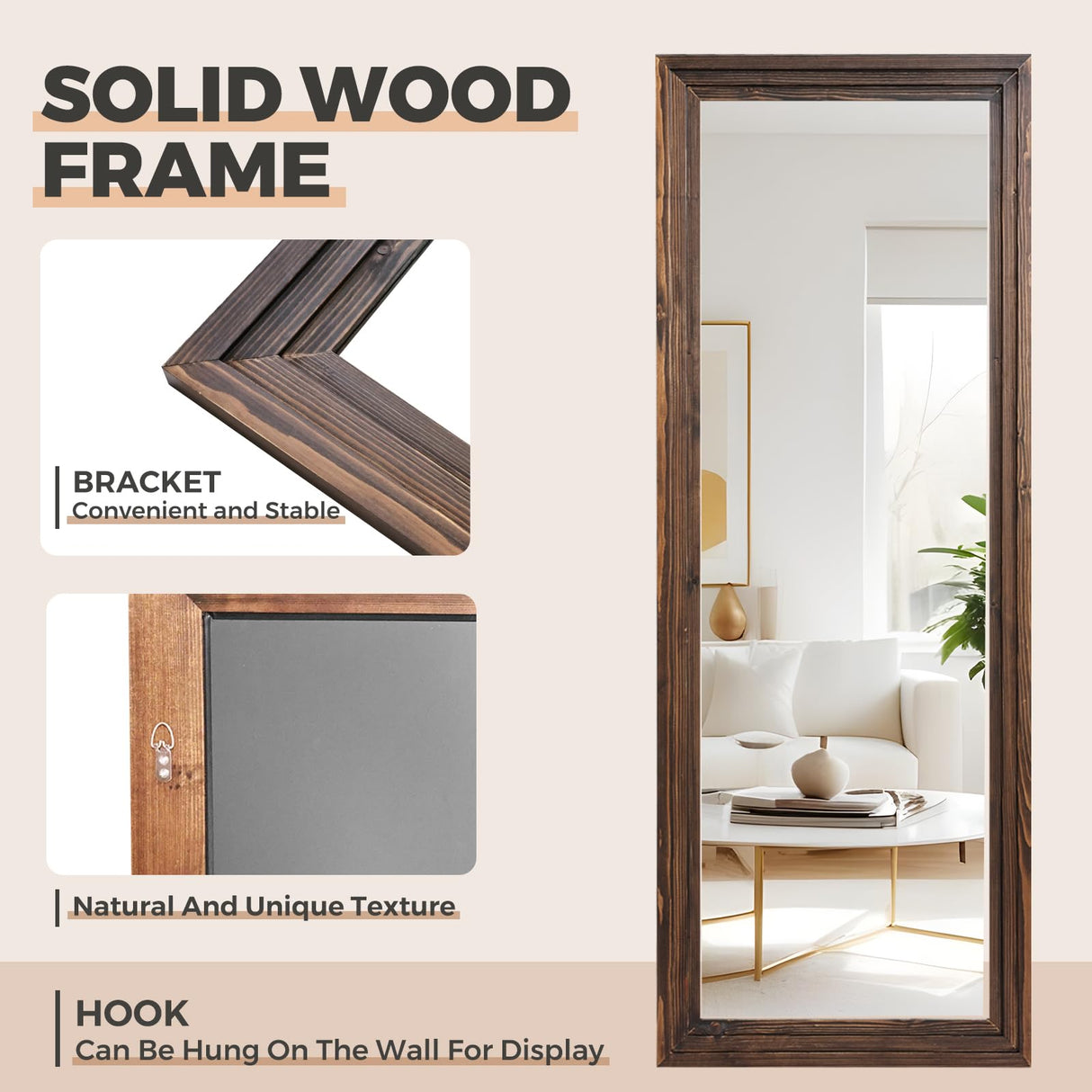 YLYHSST 65"x24" Full Length Mirror Solid Wood Frame Arched Floor Mirror for Living Room, Bedroom Hanging or Leaning, Brown YLYHSST