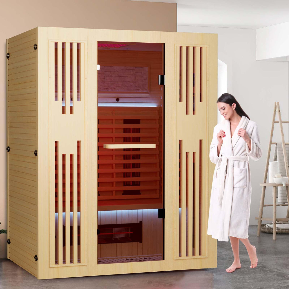 MEISSALIVVE Full Spectrum Sauna for Home,2~3 Person Indoor Infrared Sauna Room with 10 Minutes Warm-up Heate,Canadian Hemlock Wood Home Infrared Sauna with Bluetooth. and Tempered Glass MEISSALIVVE