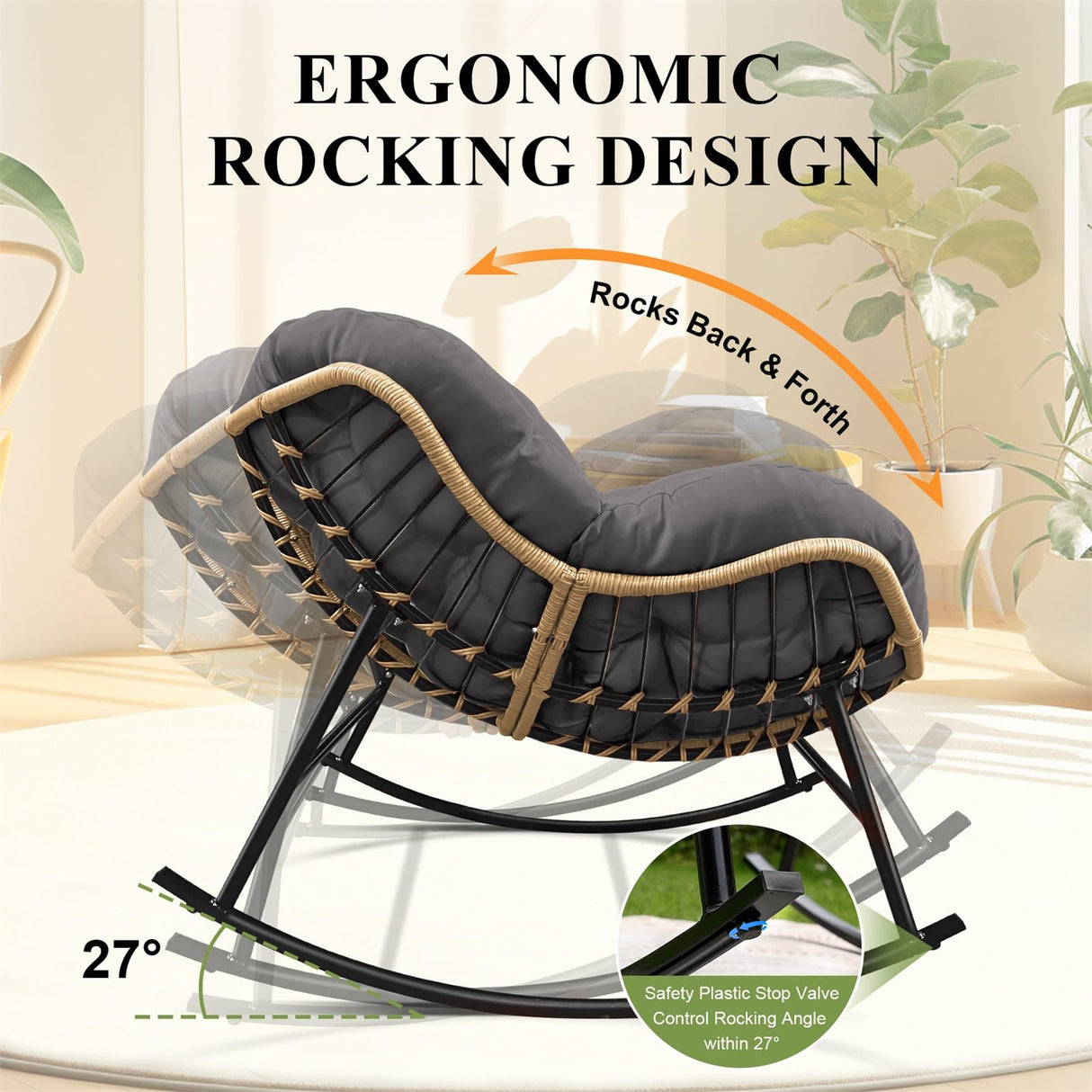 FINCATI Indoor Outdoor Papasan Rocking Chairs,Modern Large Reading Lounge Chair with Cushion,Rattan Royal Egg Chair for Bedroom Living Room Porch Garden(Dark Gray) FINCATI