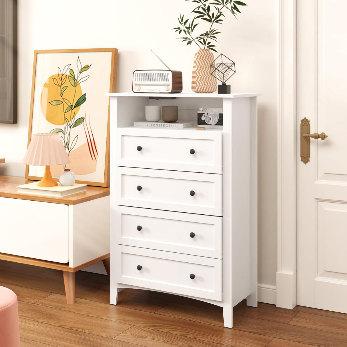 HAIOOU 4 Drawer Dresser with Open Storage Shelf, 47.4" Tall Chest of Drawers Vertical Wooden Clothing Organizer with Power Outlets and Ambiance Light for Bedroom, Closet, Hallway - Modern White HAIOOU