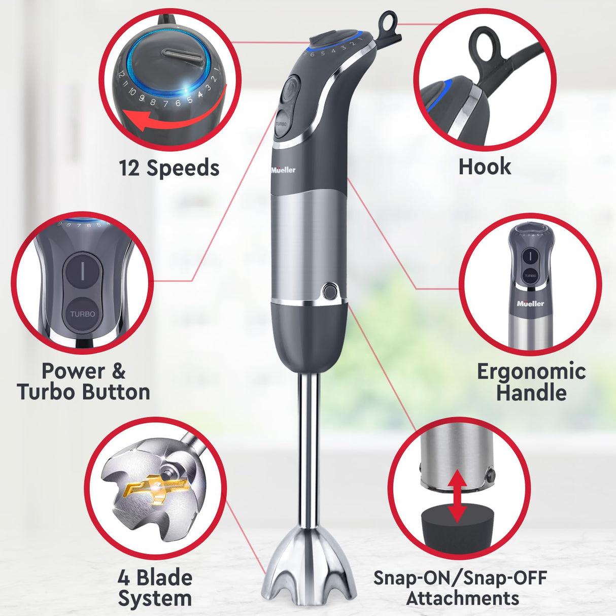 Mueller Multistick 800W 4-in-1 Immersion Blender Handheld, 12 Speed Hand Mixer - Turbo Boost, Heaviest Duty Copper Motor, Titanium Blades Hand Blender, Milk Frother Wand, Whisk, Beaker, Chopper, Grey Mueller