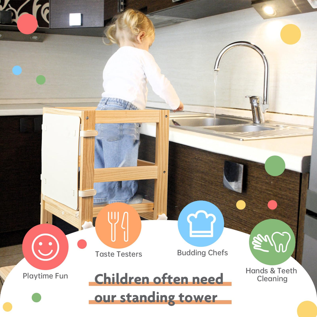 WOOD CITY Toddler Standing Tower, 3 Adjustable Heights Kids Kitchen Step Stool with CPC Certification, Equipped with Removable Safety Anti-Fall Net, Suitable for 18 Months and Up (Natural) WOOD CITY