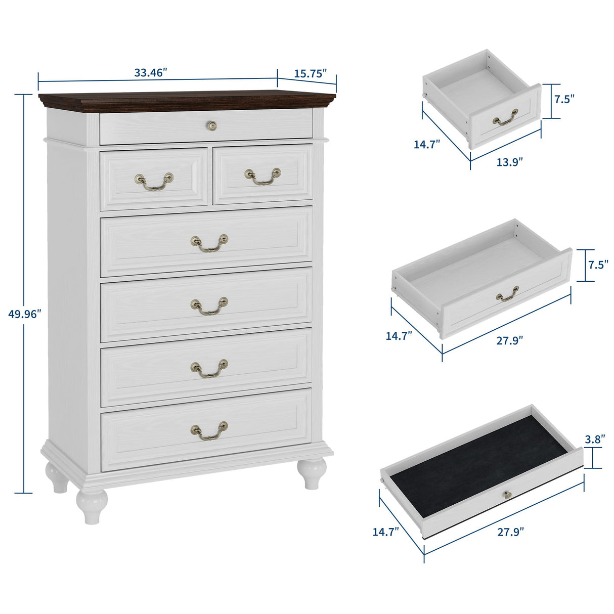 IDEALHOUSE Farmhouse Tall Dresser for Bedroom with 7 Drawers, 50" Tall Large Wood Chest of Drawers with Jewelry Storage for Bedroom, Living Room, Hallway, White IDEALHOUSE