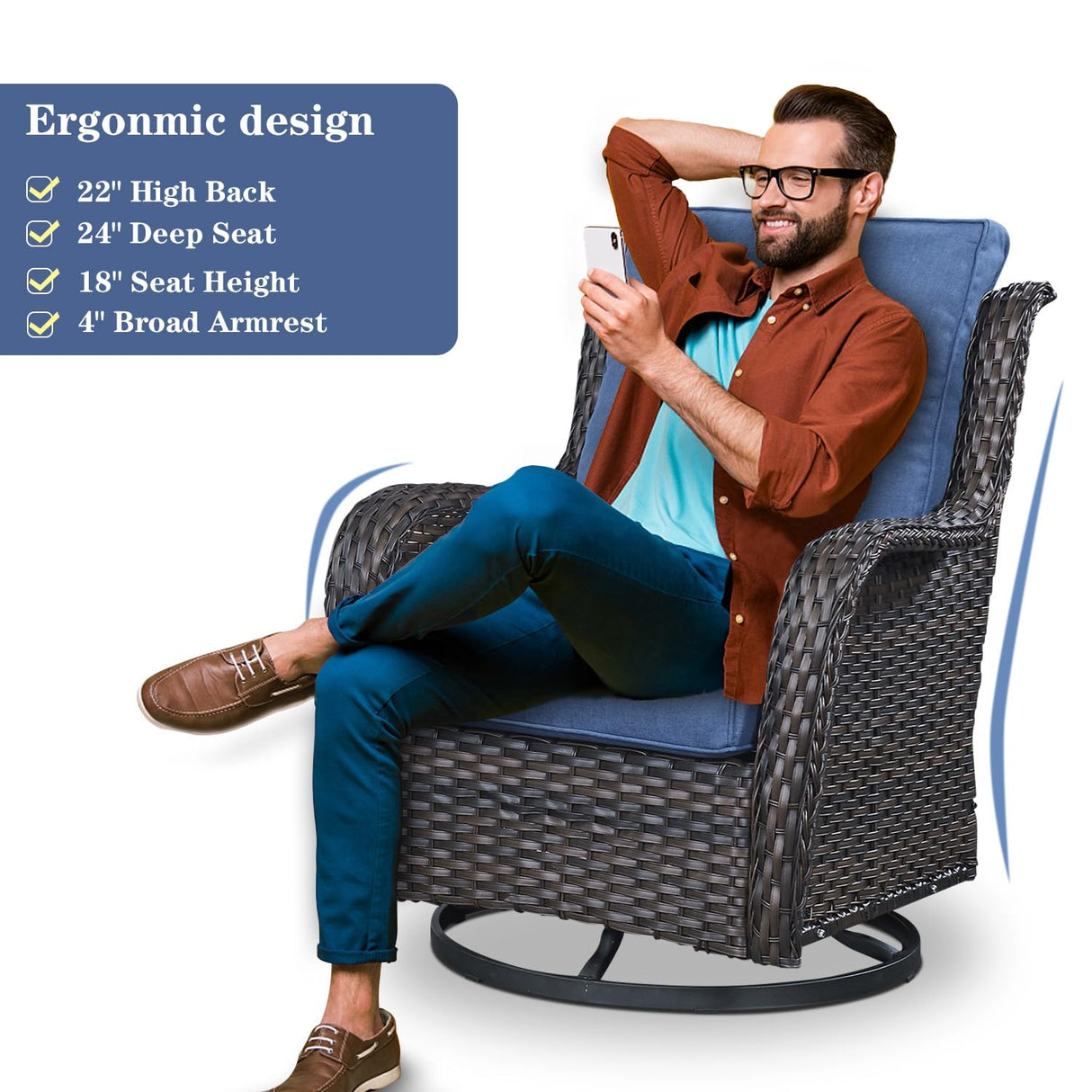 Belord Wicker Outdoor Furniture Patio Furniture Set - 6 Piece Patio Conversation Set with Swivel Rocker Chairs, Rattan Sofa, Ottomans and Coffee Table, Blue Cushion Belord