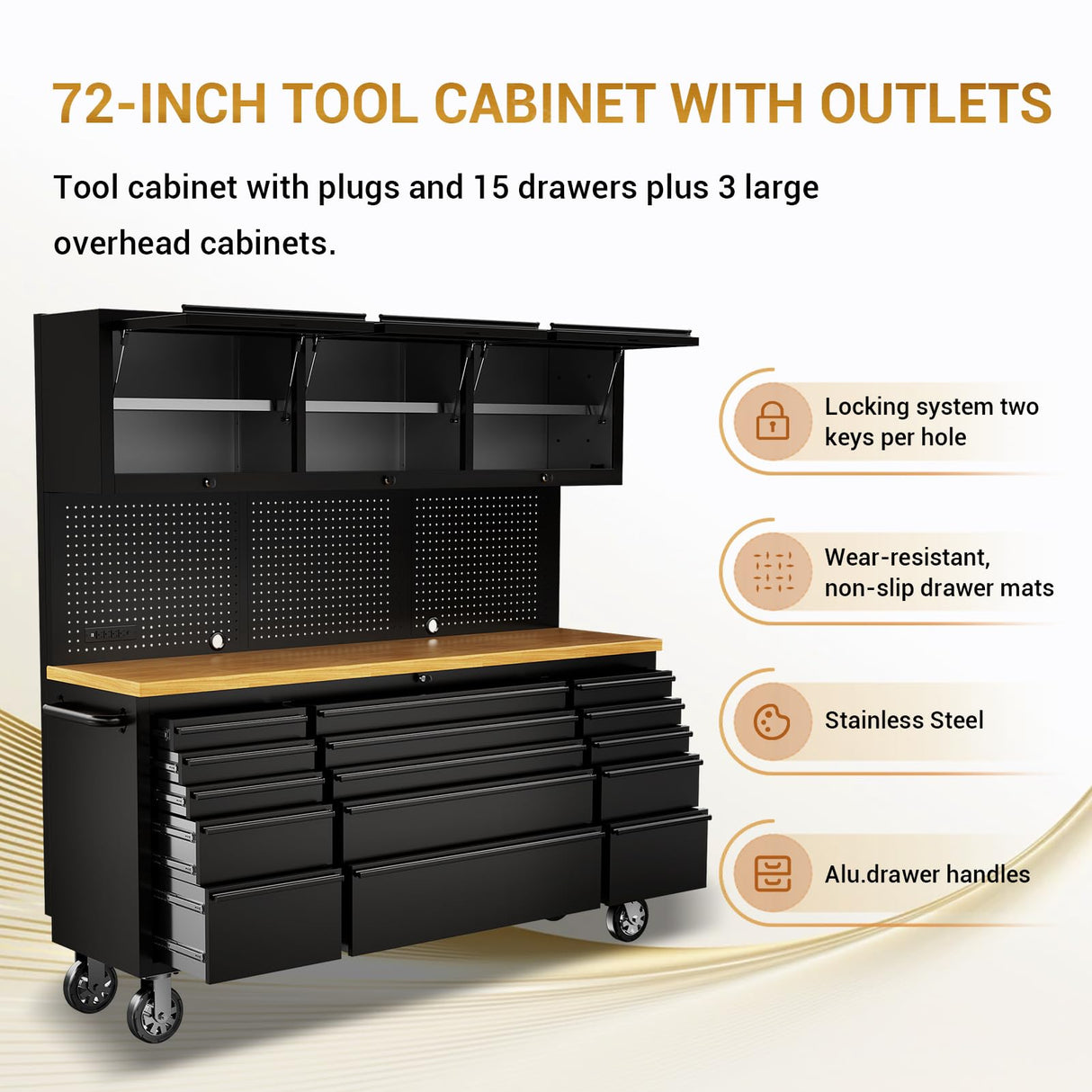 CHETTO C 72-inch Rolling Tool Chest Cabinet Mobile Workbench with 15 Storage Drawers and Wheels 3 Uper Cabinet Outlet SS Pegboard Black Tool Box for Garage CHETTO C
