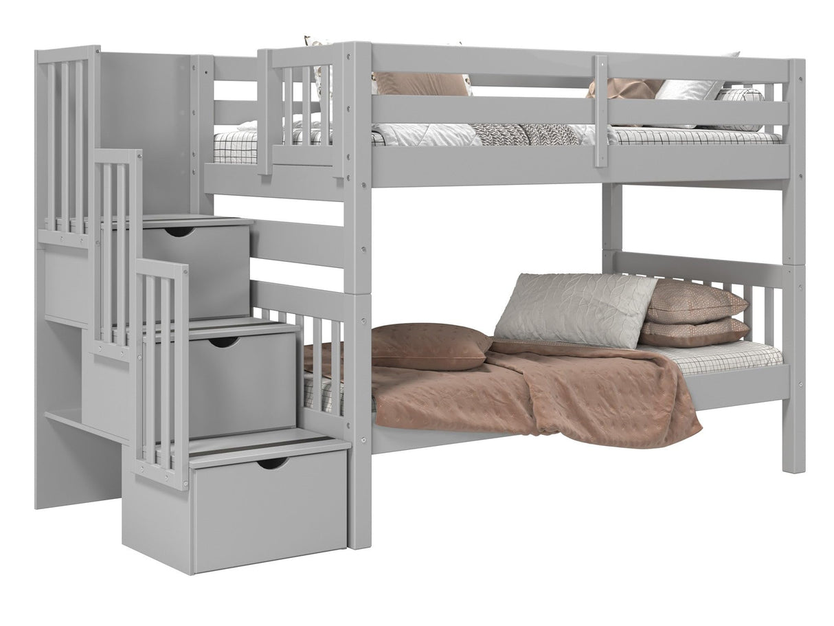Bedz King Stairway Bunk Beds Twin over Twin with 3 Drawers in the Steps, Gray Bedz King