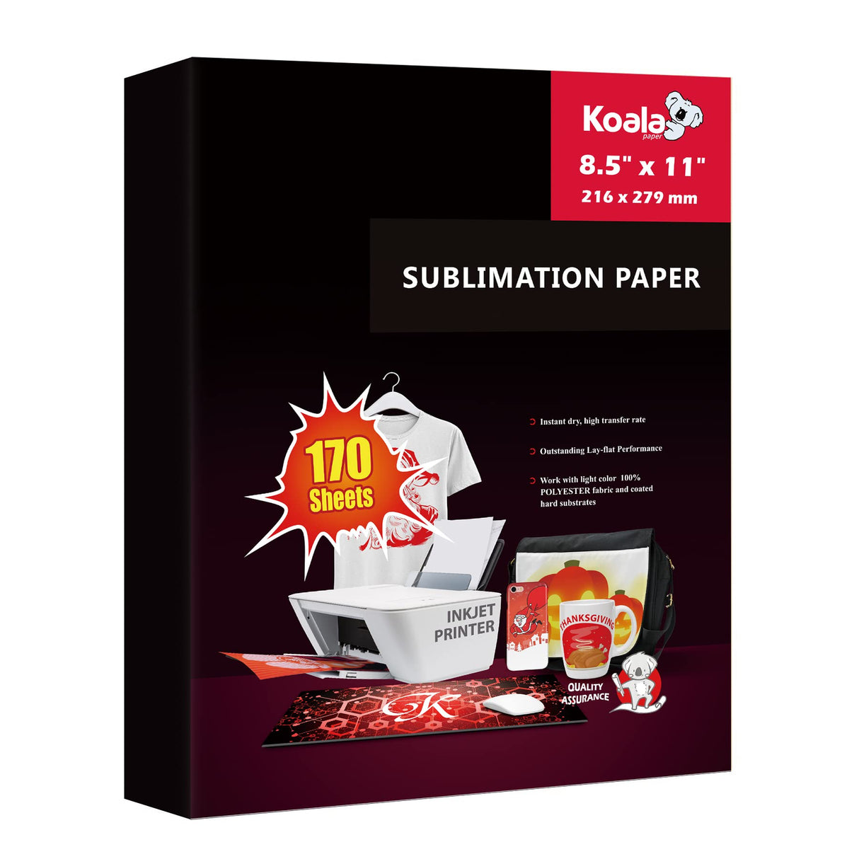 Koala Paper Sublimation Paper 170 Sheets 8.5x11 Inch 105gsm,Apply for personalize Tumbler, Light Colored T-shirts and Other Sublimation Blanks, ONLY Compatible with Sublimation Ink KOALA PAPER