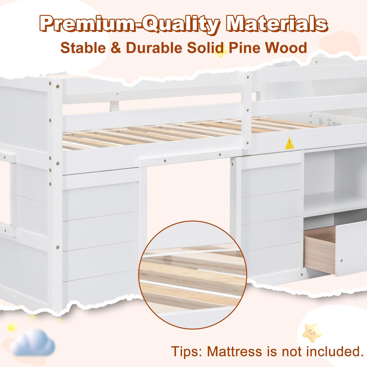 Osparple Twin Size Low Loft Bed, Kids Bed Frame with Shelf, Drawer and Stairs for Girls, Boys, Loft Bed with Storage, Strong Wood Slats Support, White Osparple