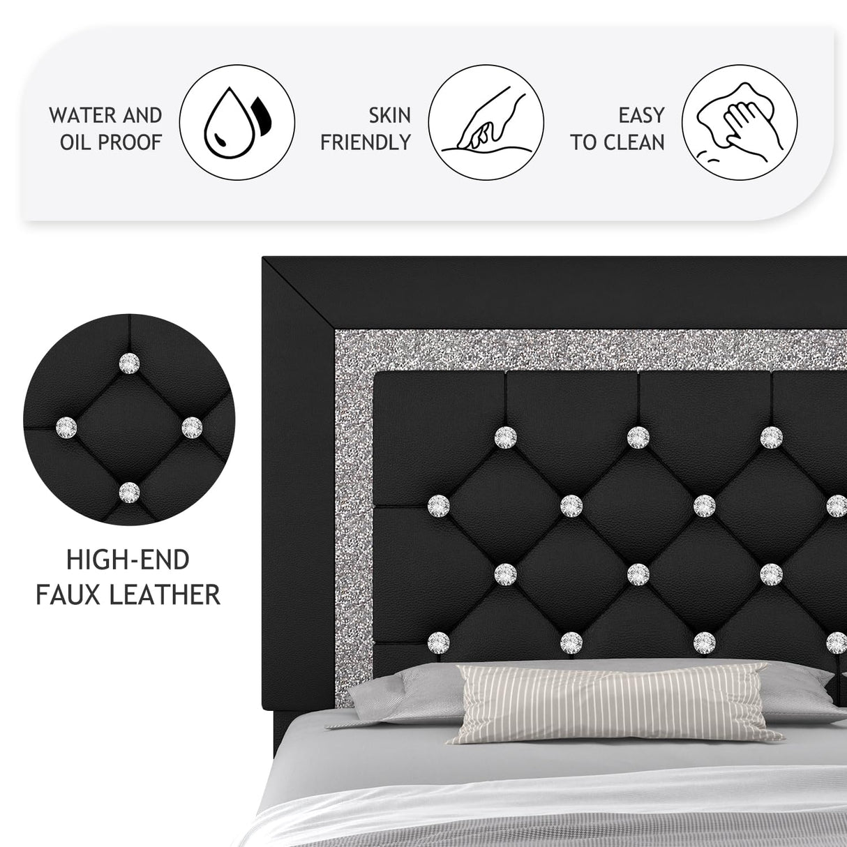 Twin Bed Frame, Faux Leather Platform Bed with Upholstered Diamond Headboard, Mattress Foundation with Strong Wooden Slats Support, No Box Spring Required, Easy Assembly, Black BarnFurin