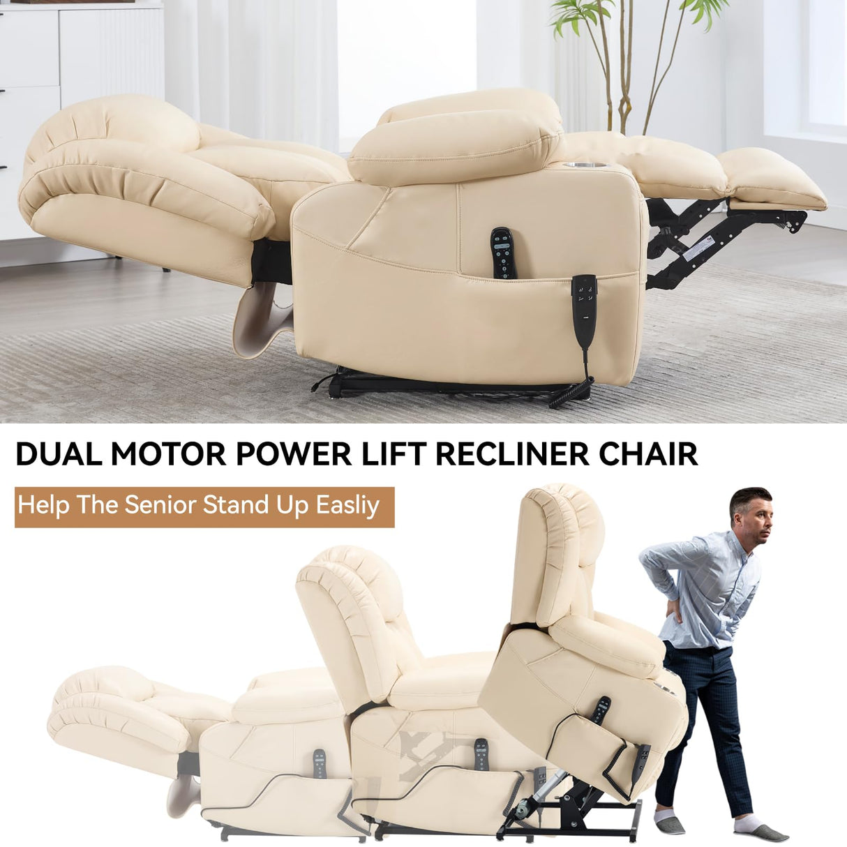 EZZUP Electric Lay Flat Recliner Chair with Vibration Massage Heat for Elderly People, Power Lift Chair with Dual Motor Cup Holders, Faux Leather Beige EZZUP