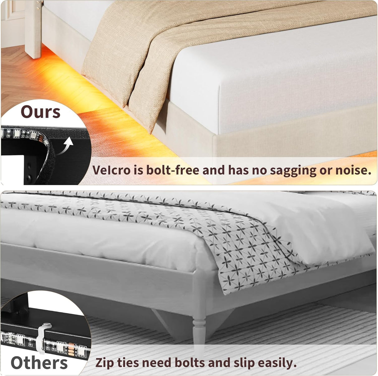 GarveeHome Queen Size Floating Bed Frame, Suspended Bed with RGB LED Lights and Charging Station, Upholstered Bed Frame with Storage Headboard and Button Tufted, No Box Spring Needed, Beige GarveeHome