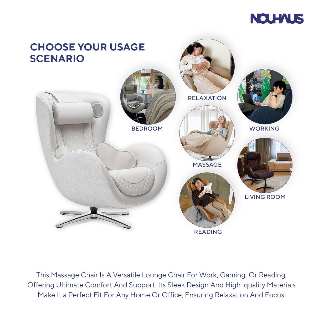 Nouhaus Classic Massage Chair with Ottoman. White Leather Lounge Chair, with Percussive & Shiatsu Chair Massager, Bluetooth Speaker and Recliner. Cozy Bedroom Chair with Spot and Full Body Massager Nouhaus