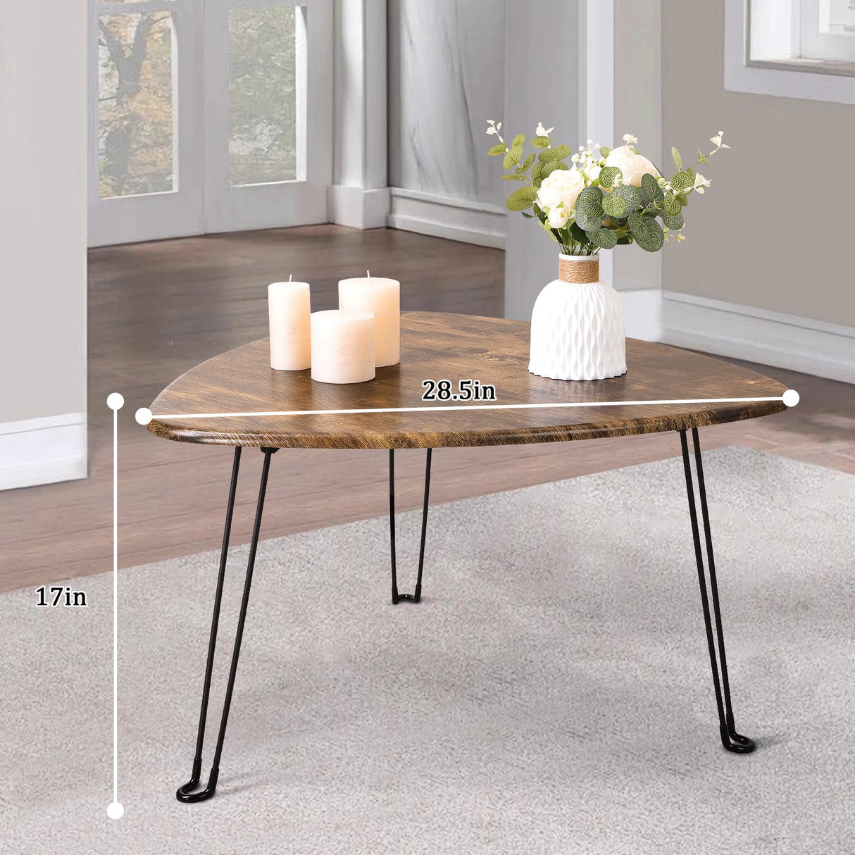 FEUFOAM Folding Coffee Table Triangle Designs Oval Coffee Tables Mid Century Wooden Triangular Accent Table with Metal Legs Foldable Industrial Sofa Center Table for Living Room Space Saving FEUFOAM