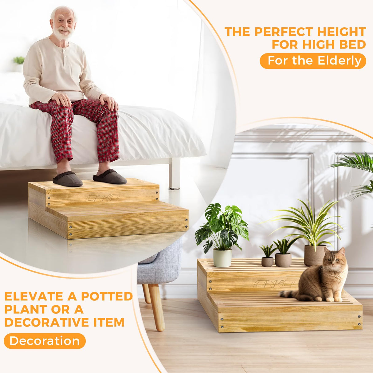 Wooden 2 Step Stool for Toddlers, Elderly Step Stool 6 Inches Height Bedside Kids Wooden Step Stool Stair Assist for High Bed, Bathroom, Garden Nature Solid Large Wood Stool, Indoor Outdoor 500 LBS ONKO